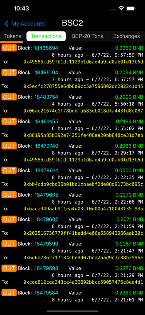 Lista de transacciones salientes de BNB y detalles de bloques en la aplicación móvil BSC Explorer