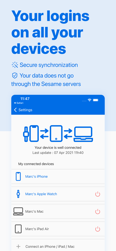 Sésame secure Password Manager - Interfaccia di Sesame Password Manager che mostra la sincronizzazione sicura dei login su iPhone, iPad, Mac e Apple Watch
