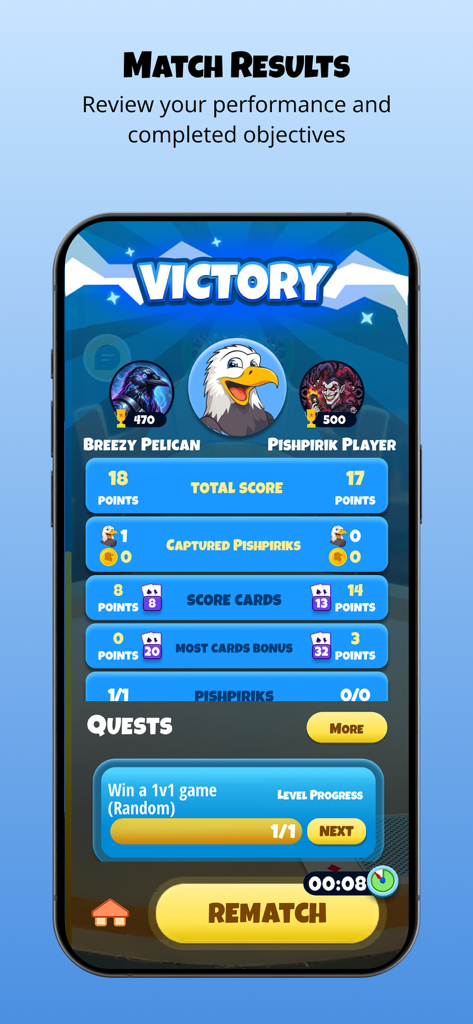 Pishpirik - Una pantalla de victoria del juego de cartas Pishpirik que muestra los resultados de la partida y las puntuaciones de los jugadores