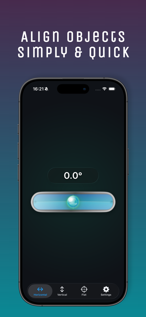 Bubble Level: Angle Tool - iPhone showing the Bubble Level app interface with a horizontal spirit level tool at 0.0 degrees