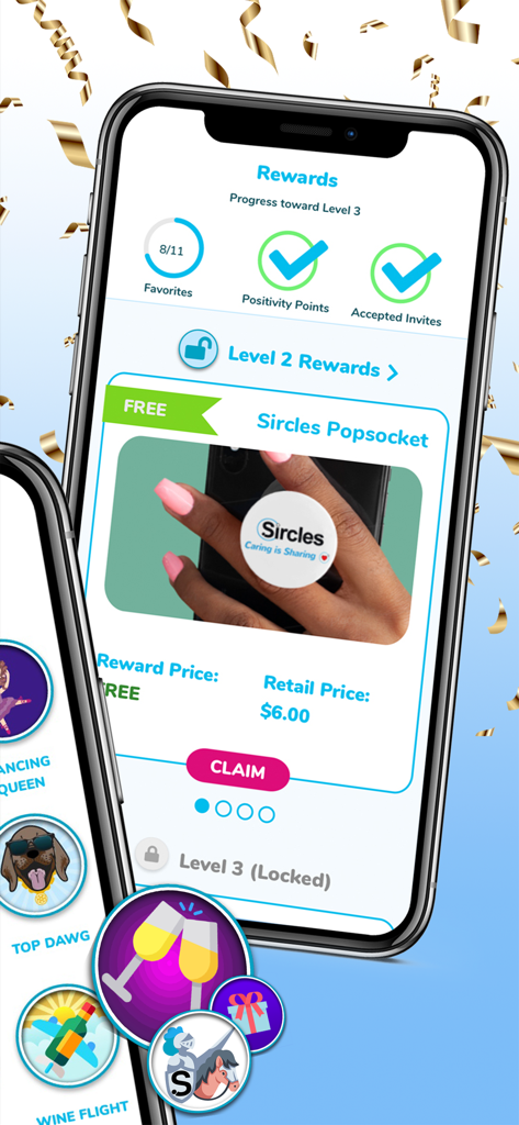 Interface de l'application Sircles affichant un écran de programme de récompenses avec une offre de Popsocket gratuit et la progression de niveau