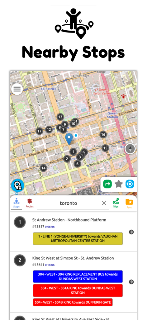 Real-time map of nearby transit stops in Toronto on the GTA Transit app