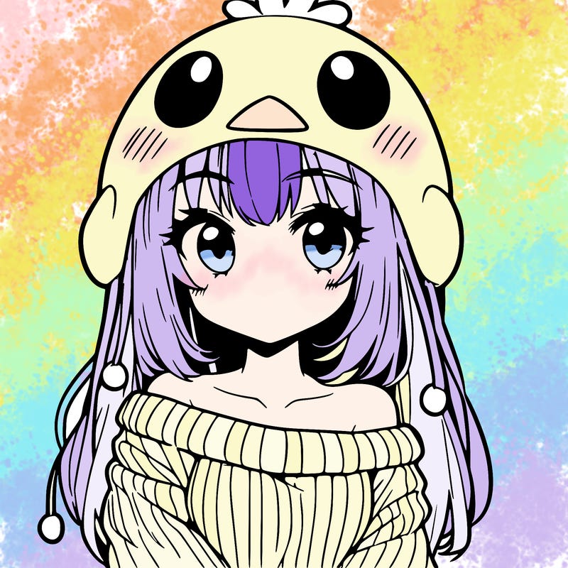 anime girl with chick shaped hat with sweater with bare shoulders with bangs covering them one eye with low tail