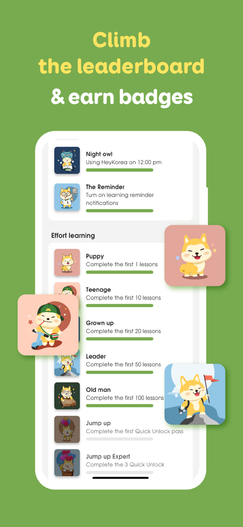 Learn Korean, Hangul: HeyKorea - HeyKorea App-Bildschirm mit niedlichen Hund-Erfolgsabzeichen und Lernfortschrittsbalken.