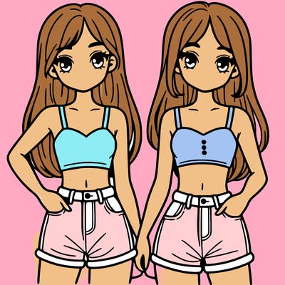 two sisters with crop tops and jean shorts and straight hair