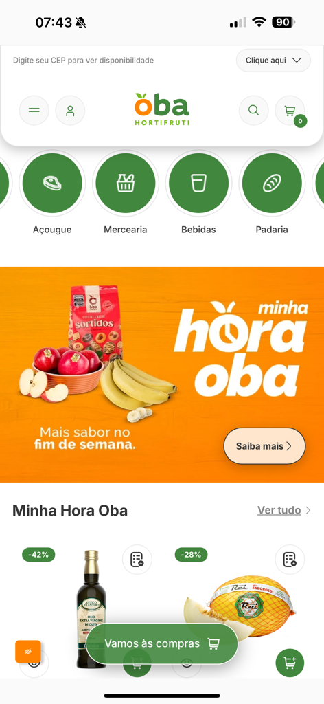 Oba Hortifruti - Home screen of the Oba Hortifruti mobile app displaying grocery categories and special offers on fresh produce