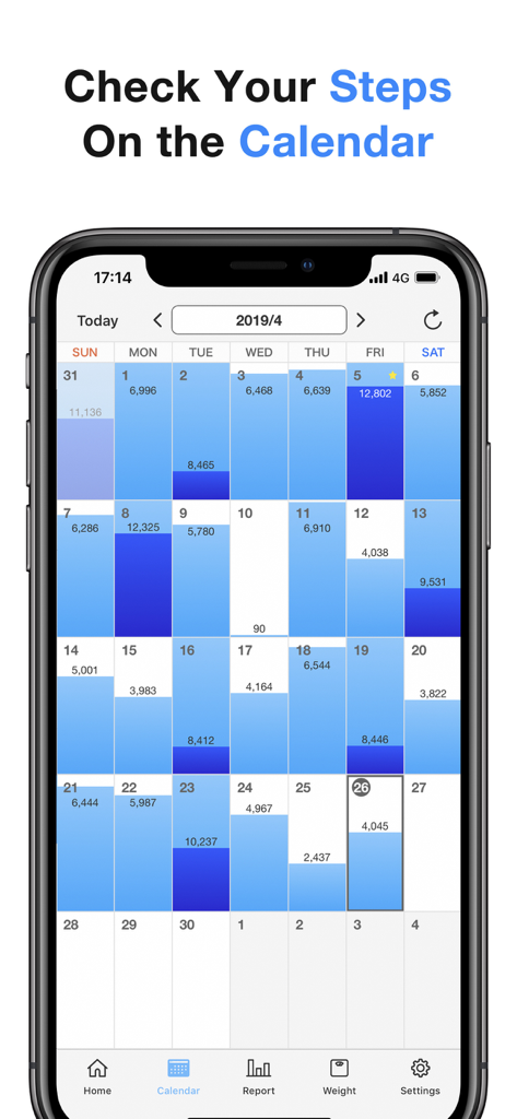Pedometer - Steps Counter app - Vista de calendario mensual que muestra los recuentos de pasos diarios y el progreso de la actividad en la aplicación de podómetro