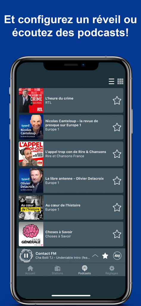 France Radio: Online, FM et AM - Pantalla del iPhone que muestra una lista de podcasts franceses en la aplicación France Radio