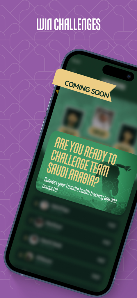 Team Saudi | فريق السعودية - Tela do aplicativo Team Saudi apresentando desafios de rastreamento de saúde e competições nacionais em breve