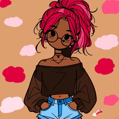 girl with a messy ponytail glasses a baggy crop top and jean shorts