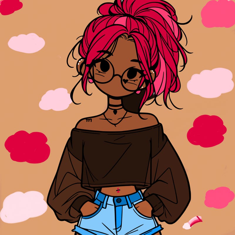 girl with a messy ponytail glasses a baggy crop top and jean shorts