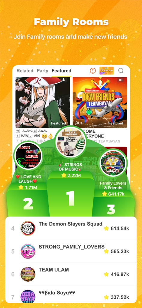 Calamansi Pinoy Live Cast app interface displaying the Family Rooms leaderboard and featured social groups.