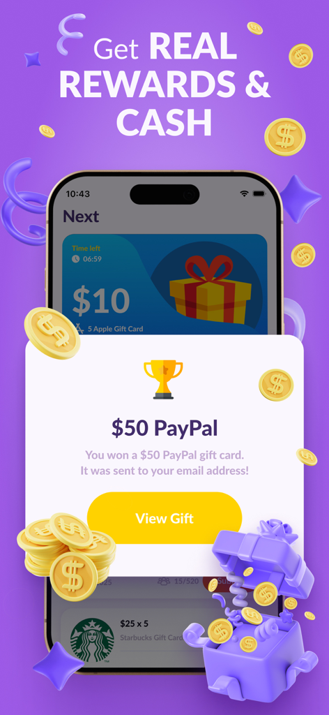 Earn Rewards: Fancy Giveaways - Interfaz de la aplicación móvil que muestra una notificación de premio por una tarjeta de regalo de PayPal de 50 dólares con monedas de oro y cajas de regalo