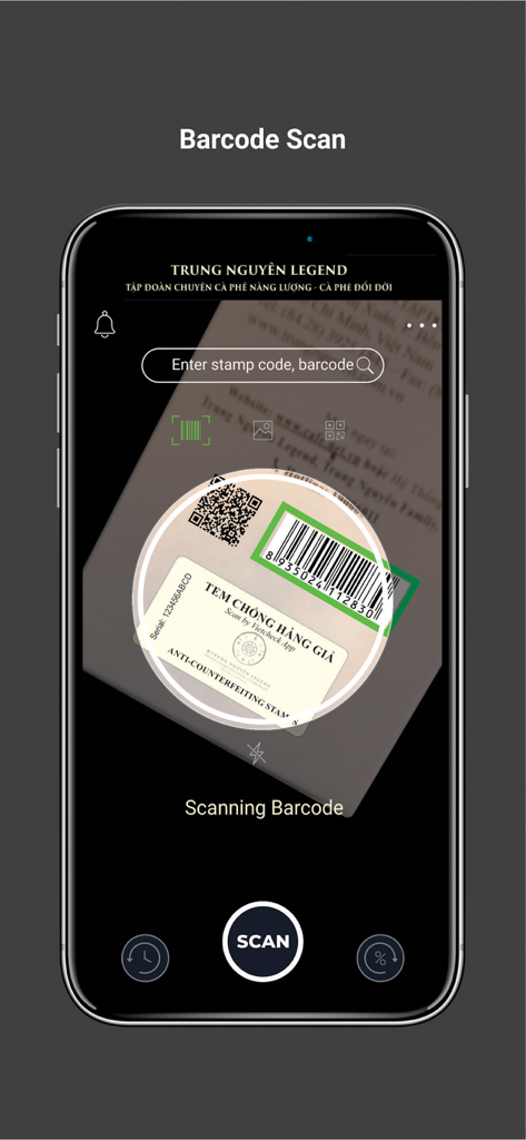 Mobile app interface of Vietcheck scanning a product barcode for authenticity verification