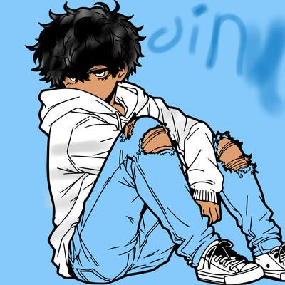 a male hoddie ripped jeans messy hair anime