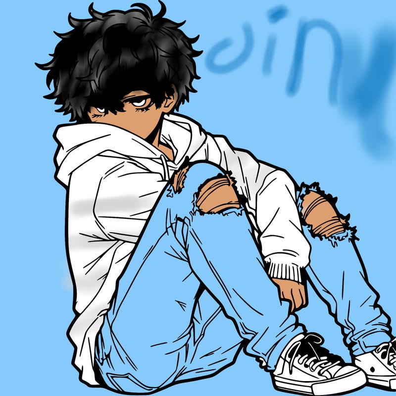 a male hoddie ripped jeans messy hair anime