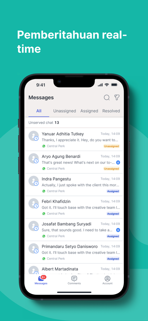 Qontak Chat mobile app interface displaying a list of customer messages and assignment status
