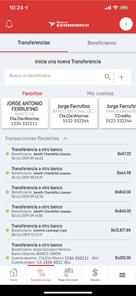 Banco Económico - Interface do aplicativo Banco Economico mostrando opções de transferência, beneficiários favoritos e histórico de transações recentes