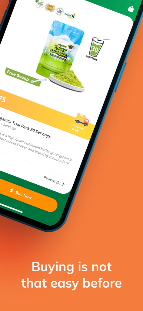 Salveowell - Mobile app interface for Salveowell showing an organic barley grass trial pack with a buy now button.