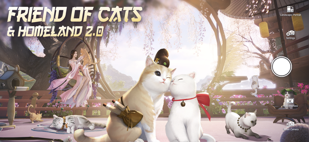 Moonlight Blade mobile game screenshot showing several cats and a character in a traditional Chinese garden setting.