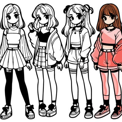 one girl with crop-top shirt and a jacket with a skirt, long socks and another girl with a shirt and pants with a jacket