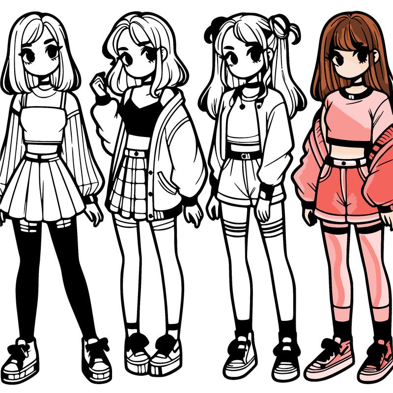 one girl with crop-top shirt and a jacket with a skirt, long socks and another girl with a shirt and pants with a jacket