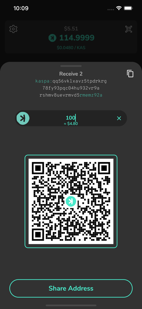 Écran de réception de l'application de portefeuille Kaspium affichant un code QR et une adresse Kaspa
