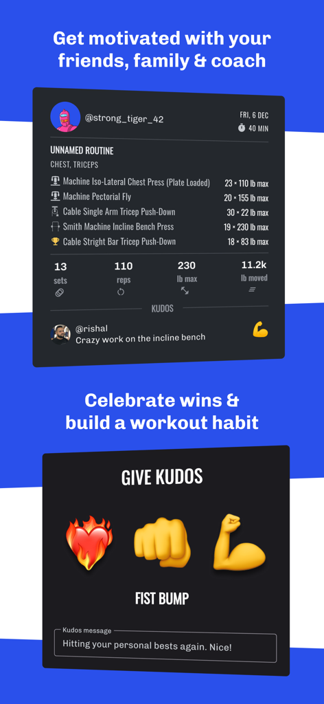 Gym Log Workout Tracker LEGEND - Funciones de compartir en redes sociales y elogios en la aplicación rastreadora de entrenamiento de Legend de Registro de Gimnasio
