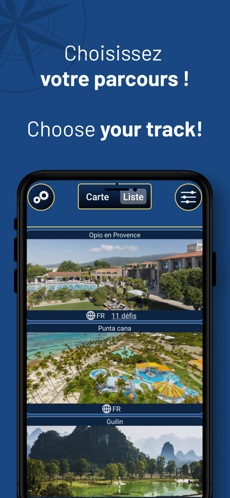 Club Med Play - Smartphone screen showing the Club Med Play app interface for selecting activity tracks at different resort locations