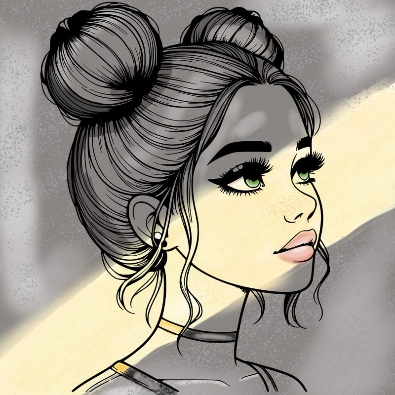 realistic girl with buns on the top of her head