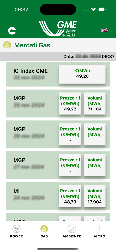 Screenshot dell'app GME che visualizza gli indici del mercato del gas e i volumi di scambio