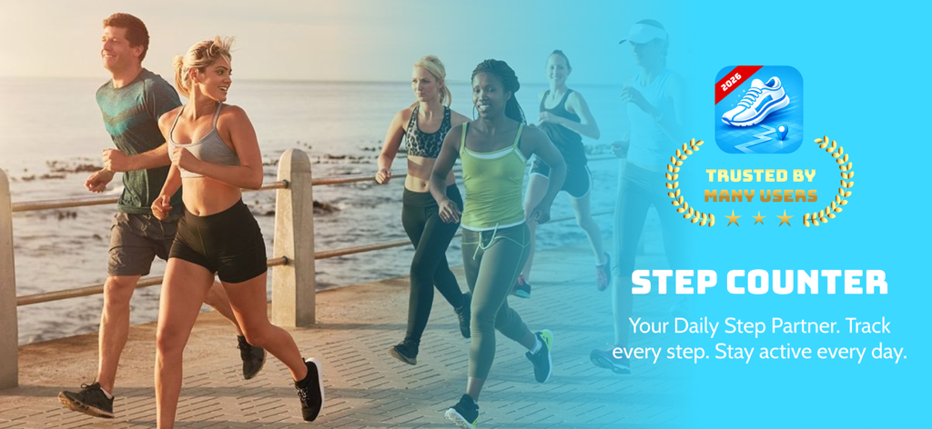 Step Counter: Daily Walking - Group of people walking outdoors at sunrise with Step Counter app logo and tagline
