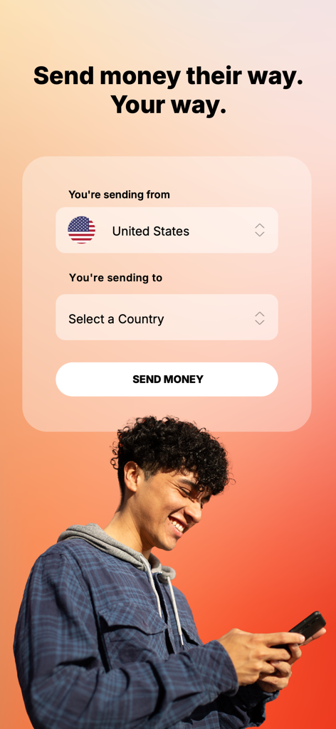 MoneyGram® Money Transfers App - L'interface de l'application MoneyGram affiche les options pour envoyer de l'argent des États-Unis vers un autre pays.