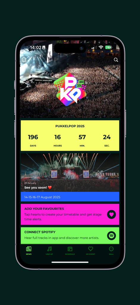 La pantalla de inicio de la aplicación del festival Pukkelpop 2025 que muestra un temporizador de cuenta regresiva y la integración con Spotify