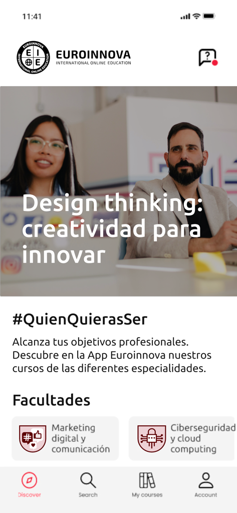 Pantalla de inicio de la aplicación móvil de Euroinnova con cursos profesionales online en español