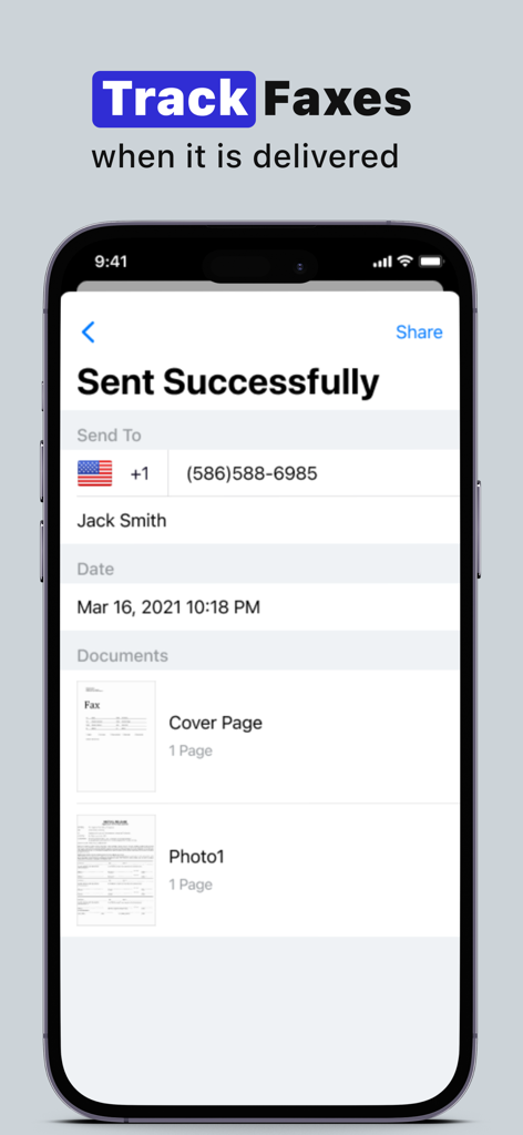 Smart Fax app screen showing a successful fax delivery confirmation with recipient details and document tracking