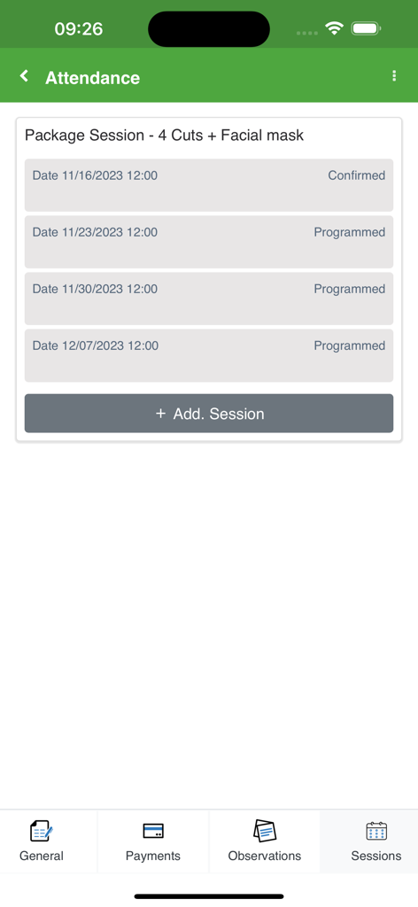 Tela do aplicativo móvel mostrando o gerenciamento de pacotes de serviços de salão e sessões de agendamento agendadas