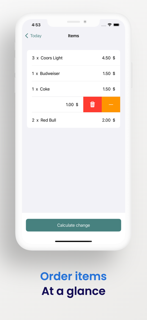 Interface do aplicativo Register Helper mostrando uma lista de itens de bebidas em um pedido com seus preços e um botão para calcular o troco.