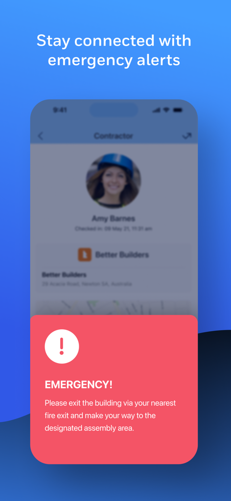 Sine Pro app screen displaying a red emergency alert with instructions for building evacuation.