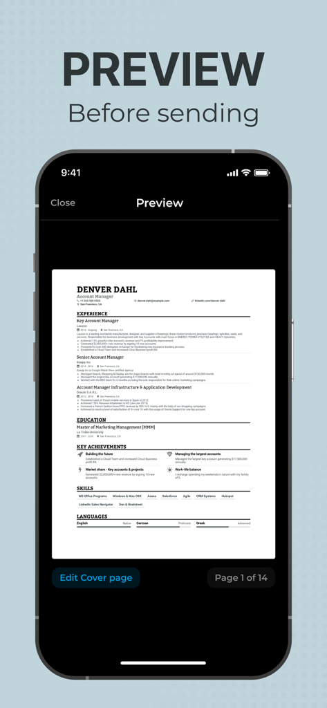 Interfaz de una aplicación móvil que muestra una vista previa de un currículum antes de enviar un fax