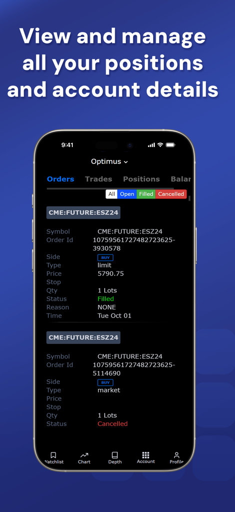 Optimus Futures Mobile - Interfaccia dell'app Optimus Futures Mobile che mostra lo storico ordini e lo stato delle operazioni per il trading di futures professionale