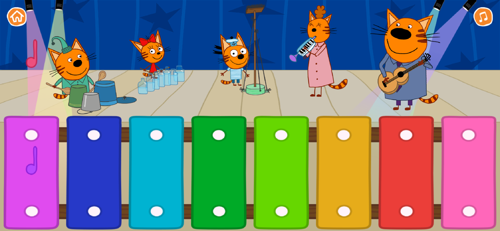 Kid-E-Cats characters on a stage playing instruments with a colorful xylophone