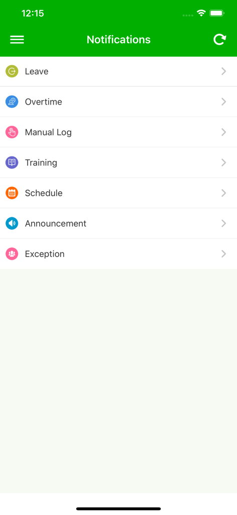 ZKBioTime app notifications screen listing employee requests for leave overtime and schedule