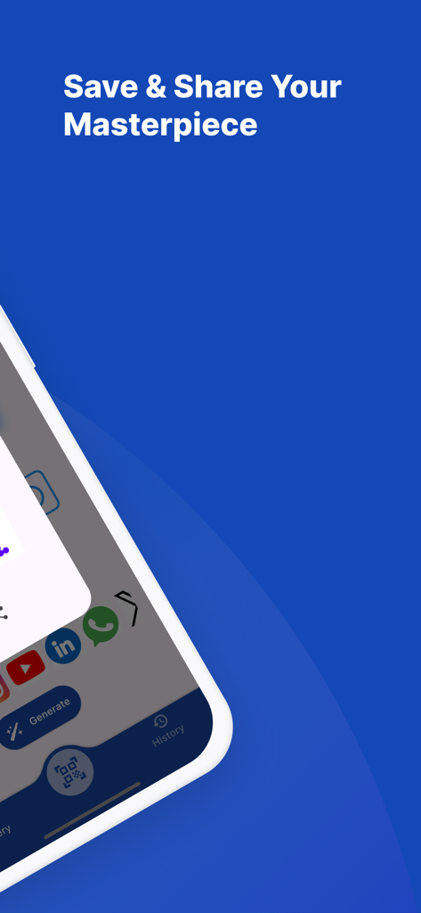 ARTQR:AI Art QR Code Generator - Smartphone screen displaying options to save and share AI-generated QR codes with social media icons.