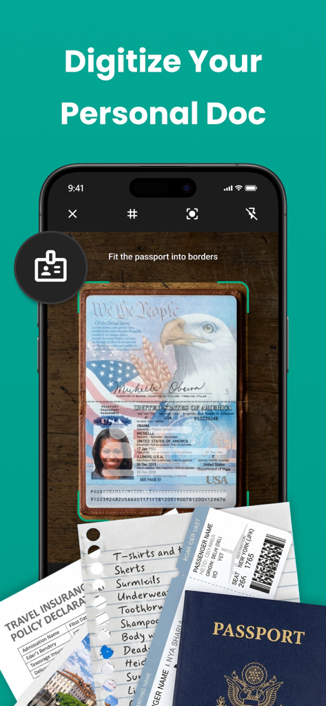 Interface do aplicativo de smartphone digitalizando um passaporte dos EUA com detecção automática de bordas.