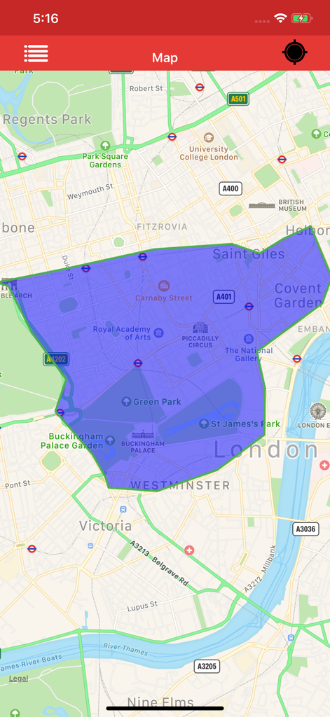 Kml Viewer-Kml Converter app - Uno screenshot dell'app Kml Viewer che mostra una grande sovrapposizione di poligoni blu su una mappa del centro di Londra
