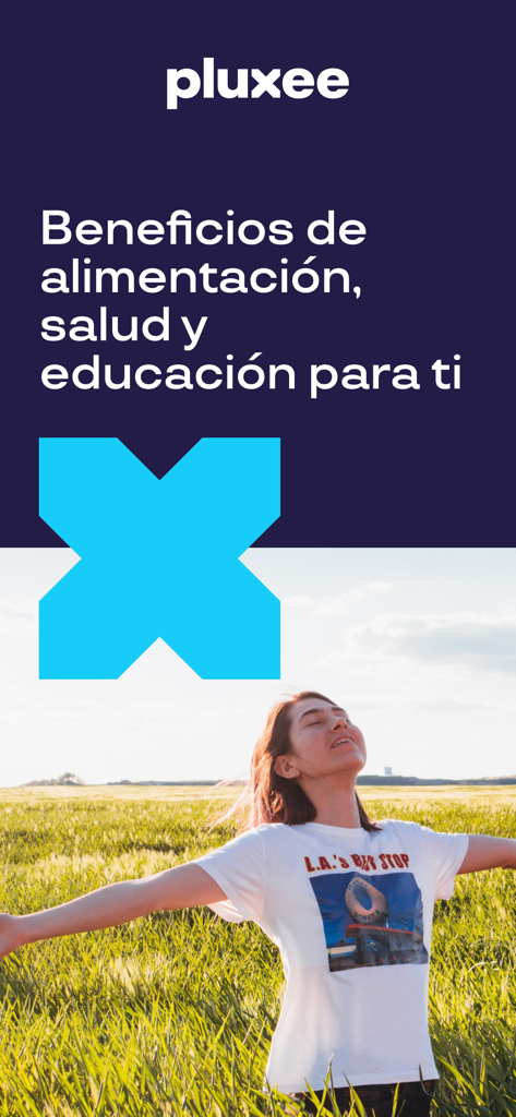 Pluxee Panama - Pantalla de la aplicación Pluxee Panama que muestra beneficios de salud y educación alimentaria con una mujer feliz en un campo