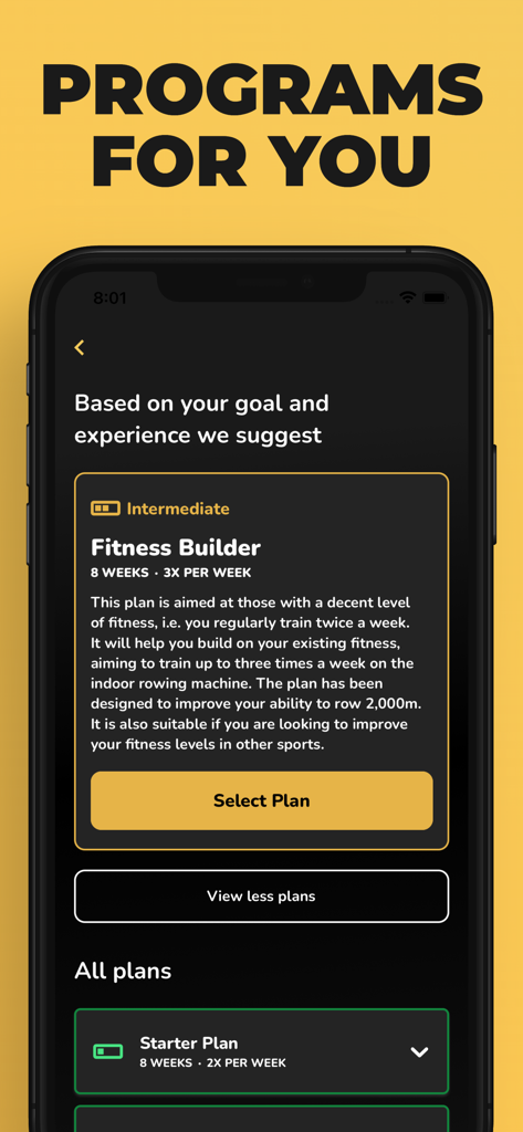 Start Rowing: Workouts Coach - Start Rowing app screen displaying personalized rowing workout plans like Fitness Builder and Starter Plan