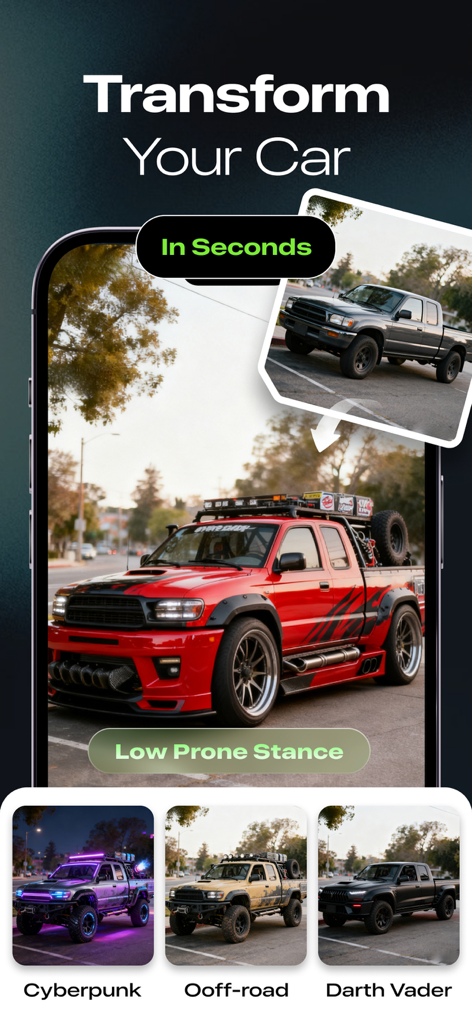 Interface de um aplicativo móvel mostrando um caminhão sendo transformado em diferentes estilos, incluindo Cyberpunk, Off-road e Darth Vader usando IA.