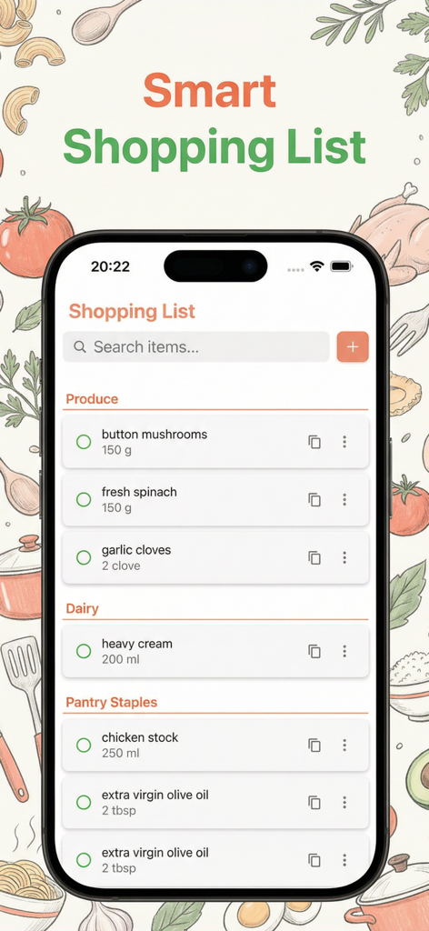 La aplicación FoodiePrep que muestra una lista de compras inteligente con ingredientes categorizados por Productos Frescos, Lácteos y Básicos de Despensa